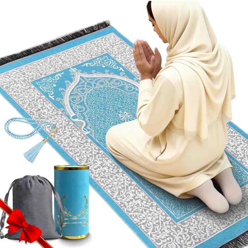 Portable Muslim Prayer Rug and Beads with Gift Box, Soft Islamic Prayer Mat,Travel Praying Mat for Men and Women, Prayer matt Islam Gifts Set, Sajadah/Janamaz/Seccade/سجادة صلاة (Aqua Blue) - color: Aqua Blue