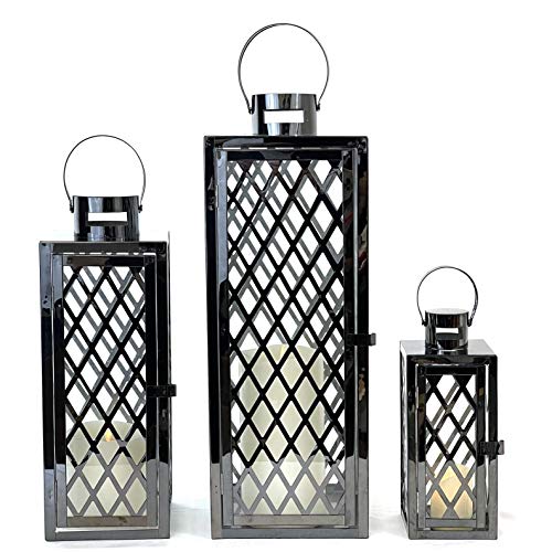 allgala Lantern Jumbo Deluxe Modern Indoor/Outdoor Candle Stainless Steel Rectangular Frame with Lattice Grid Tempered Glass for Garden Poolside Fireplace Wedding (Pack of 3, 12 Inch, Black) - color: Diamond Black