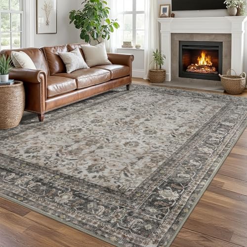 SIILOOM 8x10 Area Rugs for Living Room Ivory Grey, Machine Washable Large Area Rug Slip-Resistant, Ultra Soft Vintage Floral Tribal Farmhouse Carpet for Dining Room Bedroom Home Décor - color: Ivory/Grey, size: 8' x 10' (Rectangular)