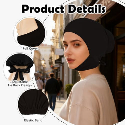 XEPST 3 PCS Hijab Undercap for Women, Islamic Muslim Full Cover Under Hijabcap Milk Silk Fabric Hijab Underscarf Solid Color Adjustable Tie Back Inner Head Scarf Turbans for Women Chemo Cap, D