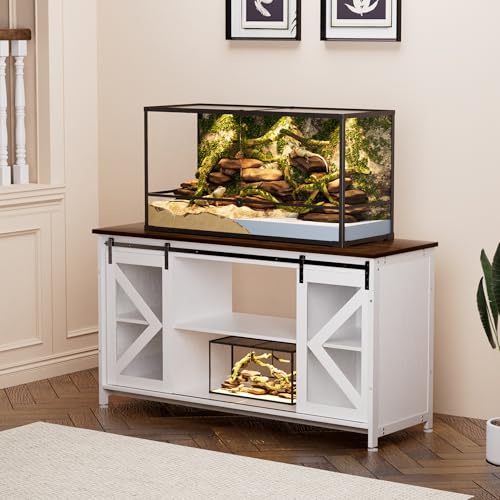 80 Gallon Fish Tank Stand with Power Outlet, Heavy Duty Aquarium Stand with Accessories Storage Cabinet and Sliding Barn Door - Metal Fish Tank Stand for Turtle, Reptile, for 2 Tanks, White+ Walnut
