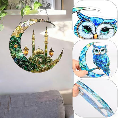 Crescent Moon Mosque Lantern Acrylic Suncatcher with Hanging Chain, Islamic Style Window Decor for Home, Patio, Garden,Ideal Present for Ramadan, Eid, Housewarming/YX-43