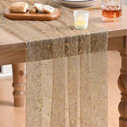 Artoid Mode Coffee Gold Gauze Table Runner 120 Inch 10FT, Glitter Metallic Foil Sheer Dining Wedding Anniversary Holiday Birthday Table Decor for Home Party - color: Coffee, size: 28" x 120"