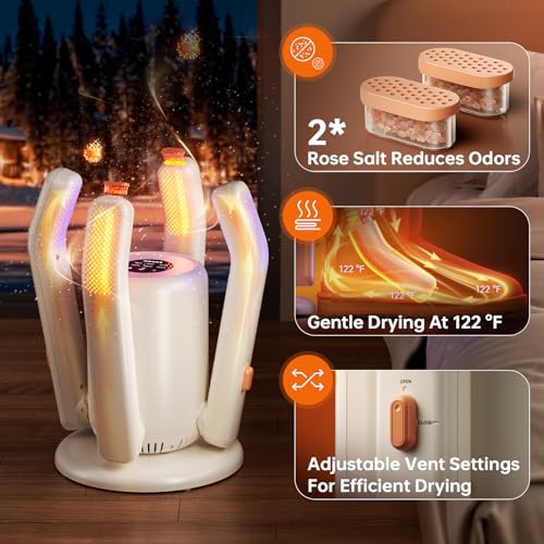 Boot Dryer, Shoe Dryer for Work Boots and Gloves, 4 Tubes with 6 Timers, Rose Salt Remove Odor, Quiet Portable Shoe Dehumidifier, Suitable for Ski Boots, Shoes, Gloves, Socks & Hats, SH03