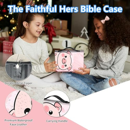 Bible Cover Case for Women, PU Leather Large Bible Cases with Zipper Fits Books Up to 12" x 9" x 2.76”, Bible Carrying Bag for Men, Cartoon Pink Pig - color: Cartoon Pink Pig