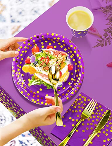 Nkaiso 141Pcs Purple Gold Paper Plates and Napkins Party Supplies for20 - color: Purple Gold