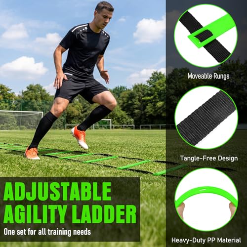 Agility Ladder, Soccer Football Training Equipment Set - 20ft Speed Ladder, 4 Hurdles,Parachute, 12 Cones & Jump Rope | Agility & Speed Training for Kids Youth Adults,Basketball & Football Accessories - color: Green