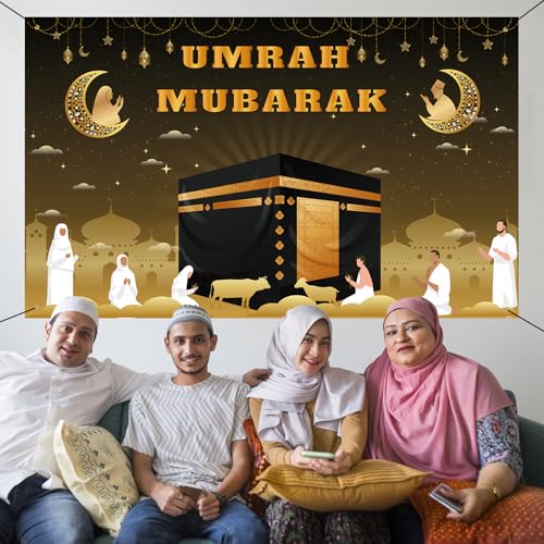 Umrah Mubarak Banner, 71×43 Inch Large Photo Booth Ramadan Mubarak Banner, Hajj Kaaba Background Ramadan Decorations for Home lslamic Muslim Eid Al-Fitr Party Favors - size: 71×43 Inch