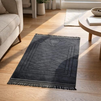 Modefa Muslim Prayer Rug Islam, Soft Plush Velvet Praying Mat Thick Sajadah with Car Hanger | Simple Pattern Solid Not Distracting | 31.5 x 47in Non-Slip Padded Prayer Mat (Clam Black) - color: Clam Black