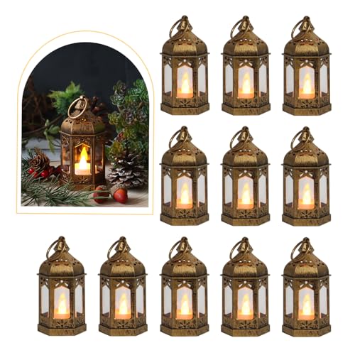 LLQ 8Pcs Mini Lantern with LED Tealight, Vintage Brown Lanterns Decorative, Hanging Candle Lanterns for Halloween Christmas Wedding Table Centerpiece Indian Decor, Garden Fairy Party Decorations - color: Brushed Bronze