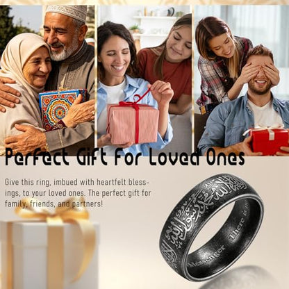 Hipunk Stainless Steel Islamic Muslim Shahada Ring - Mohammad Arabic Letter Rings Band Prayer Religious Calligraphy Ayatul Kursi Allah Rings Eid Ramadan for Men Women Size 9-12 - color: Retro black