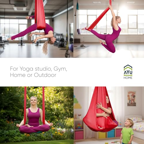 AyuHome Aerial Silks Kit for Home - Premium Yoga Swing for Adults with 660 lbs Capacity - Versatile Aerial Yoga Hammock for Gymnastics Training - color: Aerial silk - Red - New