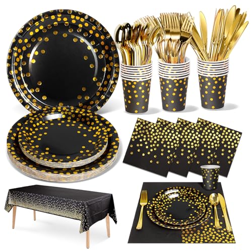 Nkaiso 141Pcs Black Gold Paper Plates and Napkins Party Supplies for20 - color: Black/Gold