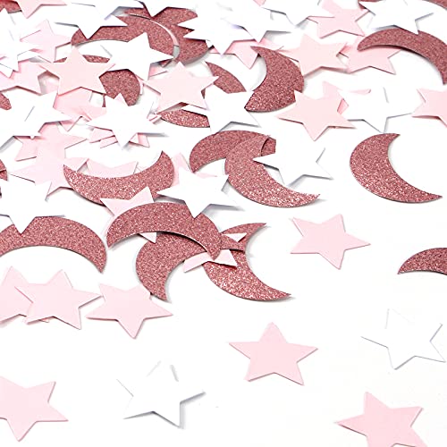 Rose-Gold Pink-White Moon Star Confetti - 300pcs Glitter Twinkle Little Star Table Confetti Eid Ramadan Mubarak Decoration Birthday Wedding Baby Bridal Shower Party Decor Lasting Surprise - color: Rose Gold Pink White
