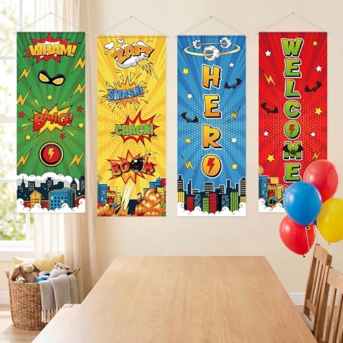 Panelee 4 Pcs Hero Theme Party Banners Hero Party Decorations City Comic Skyline Porch Sign Hanging Door Banner for Cityscape Birthday Backdrop Supplies - style: Hero