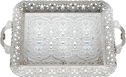 Turkish Vintage Style Entertaining Tray - 15.4" x 10.2" Multi-Purpose, Non-Tarnishing, Zamak Alloy, Decorative Ottoman Style - Rectangular Serving Tray for Coffee & Beverages (Silver) - color: Silver
