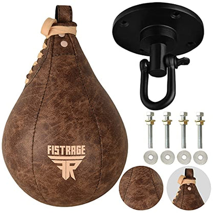 FISTRAGE Speed Ball Boxing Bag Leather MMA Muay Thai Training Punching Dodge Striking Kit with Free Hanging Swivel Workout Speedball Kicking Platform Equipment (Beige)