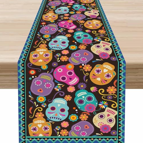 Mexican Fiesta Table Runner,Cinco de Mayo Rustic Mexican Sugar Skull Day of The Dead Altar Decoration for Home Kitchen Dining Room,13 x 36 Inch - color: Skull-1, size: 13x36" Table Runner