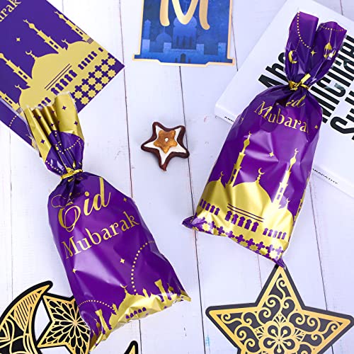 Whaline 150Pcs Eid Mubarak Cellophane Candy Bags Purple Eid Ramadan Castle Cello Plastic Bags with 200Pcs Silver Gold Twist Tie Muslim Theme Goody Treat Bags for Party Favor Supplies, 3 Designs