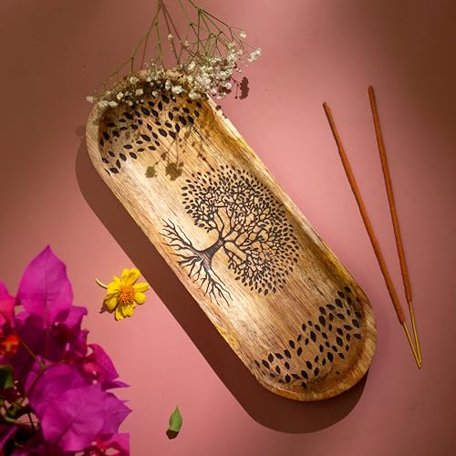 Incense Holder for Sticks Hand Carved - Tree of Life - Incense Burner/Ash Catcher- Handmade Wooden Insence Tray – Modern Gift Home/Room/Kitchen Décor 11x4x1.5 Inch - style: LIFE TREE BROWN