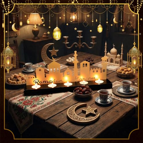 MorningRo Ramadan Kareem Decorations Islamic Candle Holder with 5 Tea Candles Eid Mubarak Metal Sign with Wood Base Ramadan Kareem Table Centerpieces Eid Al Fitr Muslim Party Gifts - style: Elegant