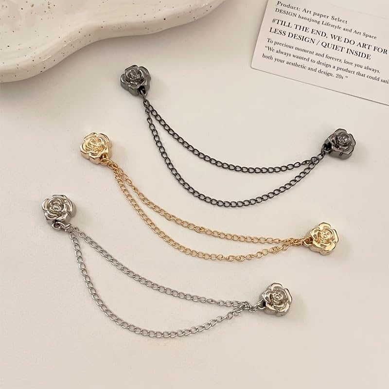 3 pcs Magnet Clothing Pins, Metal Magnetic Clothing Clips with Chain Multi-Use Strong Magnet Pin Magnetic Button Clips for Fixing Hem of Hijab Clothes Long Pants Legs Sleeves of Shirts(Flower Style)
