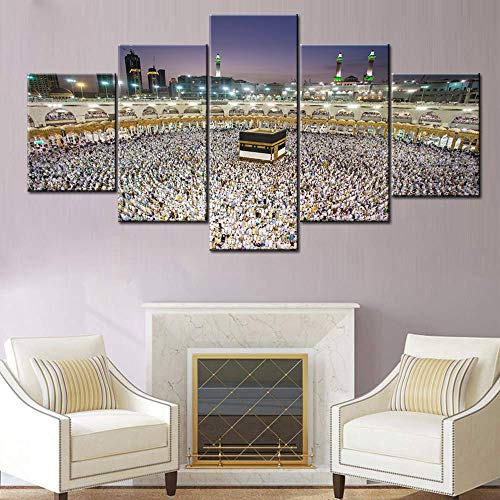Religious Wall Picture Saudi Arabia Landscape Mecca Islamic Muslim Pilgrims Praying Painting on Canvas Quran Painting Contemporary Artwork for Home Decor Framed Ready to Hang Gifts(60Wx32H inches) - color: Artwork-07, size: 60''Wx32''H