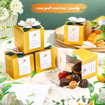 Affrolling 50 Pcs Wedding Favor Boxes with Thanks Card Square Flower Candy Boxes Paper Bridal Gift Box for Guests Wedding Bridal Shower Birthday Party Anniversary (Gold) - color: Gold