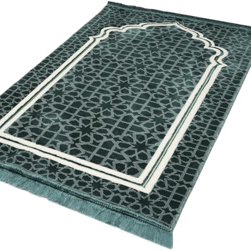 Modefa Muslim Prayer Rug - Large Plush Velvet - Andalus Teal Blue | For Islamic prayers, salah. For men or women; thick plush soft praying mat - color: Blue