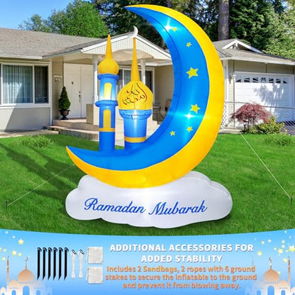 5FT Ramadan Decorations Inflatable Outdoor, Ramadan Mubarak & Eid Mubarak Moon Cloud Star Mosque Decor with Built-in LED Lights, Muslim Islamic Blow Up for Home Yard Garden Party Lawn - style: 5FT Ramadan Mosque Moon