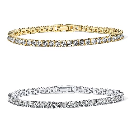 PAVOI 14K Gold Plated 3mm Cubic Zirconia Classic Tennis Bracelet | Gold Bracelets for Women - color: White Gold & 14K Yellow Gold Pack, size: 6.5 Inches