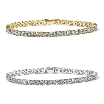 PAVOI 14K Gold Plated 3mm Cubic Zirconia Classic Tennis Bracelet | Gold Bracelets for Women - color: White Gold & 14K Yellow Gold Pack, size: 7 Inches