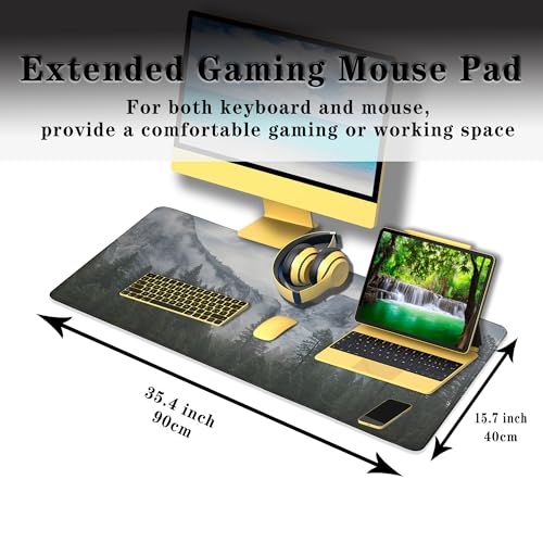 Gaming Mouse Pad - Green XXL Non-Slip Rubber Base 35.4" X 15.7" for Game Office, Park Nature Mountain Trees Mist - color: National Park