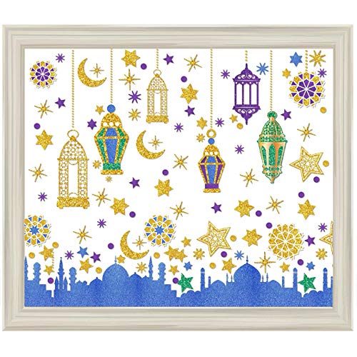 Ramadan Mubarak Window Clings Eid Mubarak Window Stickers Party Supplies Decorations Muslim Happiness Ramadan Eid Al-fitr Decor - color: Blue and Gold
