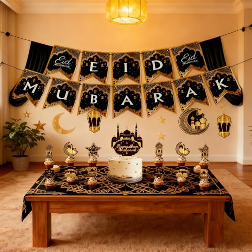 31pcs Eid Mubarak Decorations Set - Black and Gold Ramadan Party Supplies including Banner, Hanging Swirls for Muslim Islamic Eid Al-Fitr Home Wall Décor