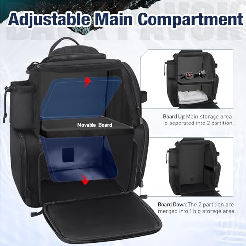 Piscifun Fishing Tackle Backpack with 2 Rod Holders, 4 Boxes & Rain Cover | Multi-pocket storage, fits 3600/3700 trays, bottle holder, padded straps for bank fishing - color: Black
