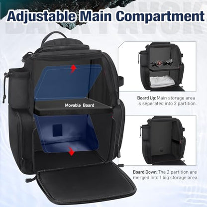 Piscifun Fishing Tackle Backpack with 2 Rod Holders, 4 Boxes & Rain Cover | Multi-pocket storage, fits 3600/3700 trays, bottle holder, padded straps for bank fishing - color: Black