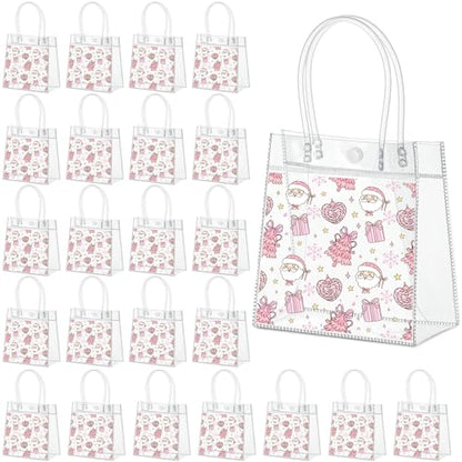 Aliceset 24 Pcs Pink Christmas Gift Bags with Handles Bulk Clear PVC Xmas Party Favor Bags Plastic Gift Wrap Totes for Holiday Presents Wrapping Treat Supplies(Santa Claus, 6.31"x 5.91"x 3.15") - style: Santa Claus