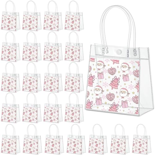 Aliceset 24 Pcs Pink Christmas Gift Bags with Handles Bulk Clear PVC Xmas Party Favor Bags Plastic Gift Wrap Totes for Holiday Presents Wrapping Treat Supplies(Santa Claus, 6.31"x 5.91"x 3.15") - style: Santa Claus