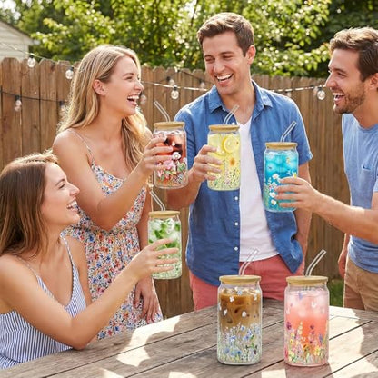 Glass Cups with Lids and Straws, 6Pcs, 16oz, Wildflower | Floral Spring Garden Cute Coquette Drinking Glasses Straws Tumbler for Women Girls Friend Bridesmaid Birthday Party Gifts - style: Wildflower