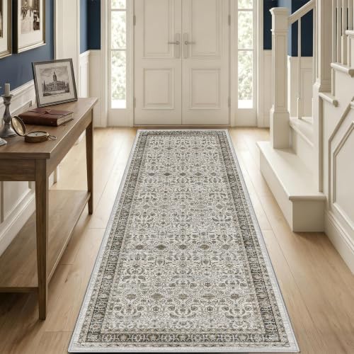 Ivory Gray Farmhouse Washable Runner Rug 2x6, Upgraded Non-Slip Area Rugs for Kitchen Hallway Bedroom, Vintage Distressed Floral Low Pile Floor Carpet for Laundry, Entryway Bathroom, Ivory Gray - color: Ivory Gray, size: 2' x 6' (Runner)