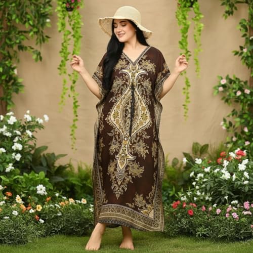 Women's Kaftan Dress – Loose Fit Maxi Gown – Kimono Style Beach Cover Up – Elegant Resort Wear and Nightwear - color: Brown