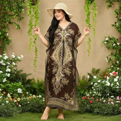 Women's Kaftan Dress – Loose Fit Maxi Gown – Kimono Style Beach Cover Up – Elegant Resort Wear and Nightwear - color: Brown