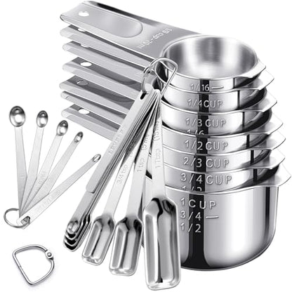 20PCS Measuring Cups and Spoons Set,Stainless Steel,with Leveler | 304 food-grade steel, dual-scale markings, one-piece construction, nesting storage, dishwasher safe, dry & liquid ingredients - size: 20PCS