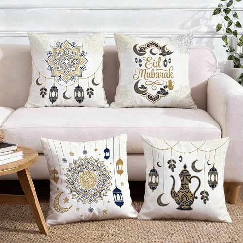 Lantern Throw Pillow Covers Set of 4, Islamic Festive Crescent Star Eid Gold Soft Velvet Washable Square Pillow Cases for Living Room Bedroom Loft Office Car Decor 20x20 Inch - size: 20" x 20" (Pack of 4)