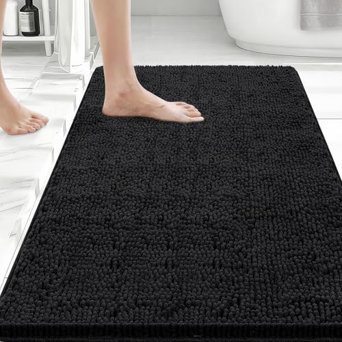 Bcoimo Bath Rug Mat,36x24 Chenille Non Slip Black Bathroom Floor Shower Mat - color: Black, size: 36x24