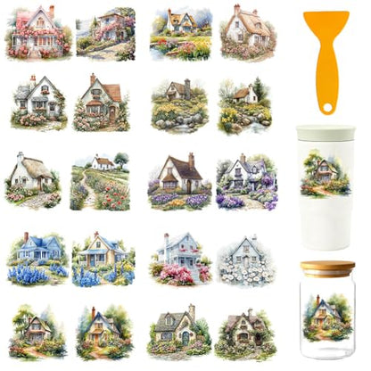 20 Pcs Flower Garden House UV DTF Cup Wraps, 4.3 x 9.4 Inch Flower UV DTF Transfer Stickers Waterproof Rub on Transfer Decals for 16OZ Glass Bottle Vase Furniture Crafts - style: Garden House