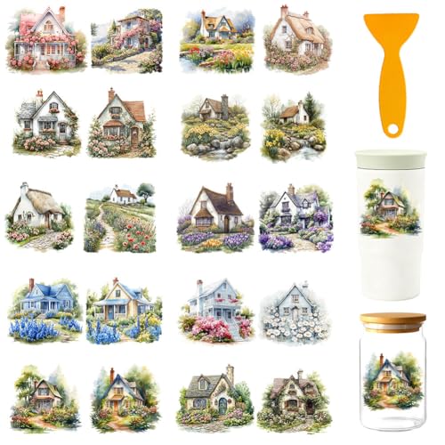 20 Pcs Flower Garden House UV DTF Cup Wraps, 4.3 x 9.4 Inch Flower UV DTF Transfer Stickers Waterproof Rub on Transfer Decals for 16OZ Glass Bottle Vase Furniture Crafts - style: Garden House