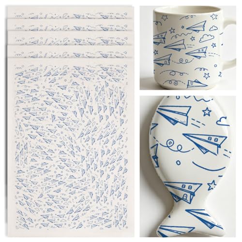 SUPERDANT 5PCS Cartoon Airplane Underglaze Paper Transfer Star Transfer Papers for Clay Ceramic Porcelain Under Glaze Transfers for Pottery Enamel Decals Blue Underglaze Decal Handcrafted Gifts - style: Paper Airplane