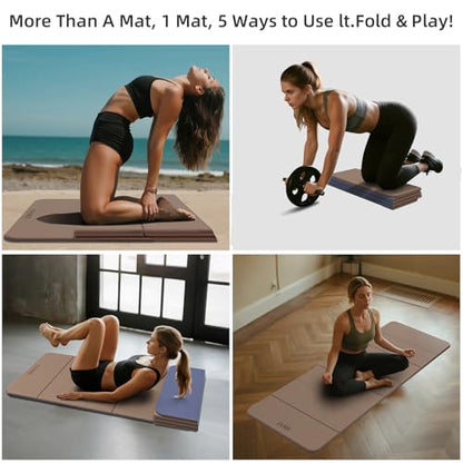 LVME Foldable Yoga Mat, 71"x24"x1/3" Thick, Non Slip Exercise Mat | SGS Certified POE, Fitness Travel Mat, Easy To Store, Foldable for Exercise, Yoga, Pilates, Home Workouts - color: Champagne + Grape